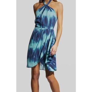 $445 Toccin NY Women's Blue Pleated Sarong Halter Mini Dress Size 2